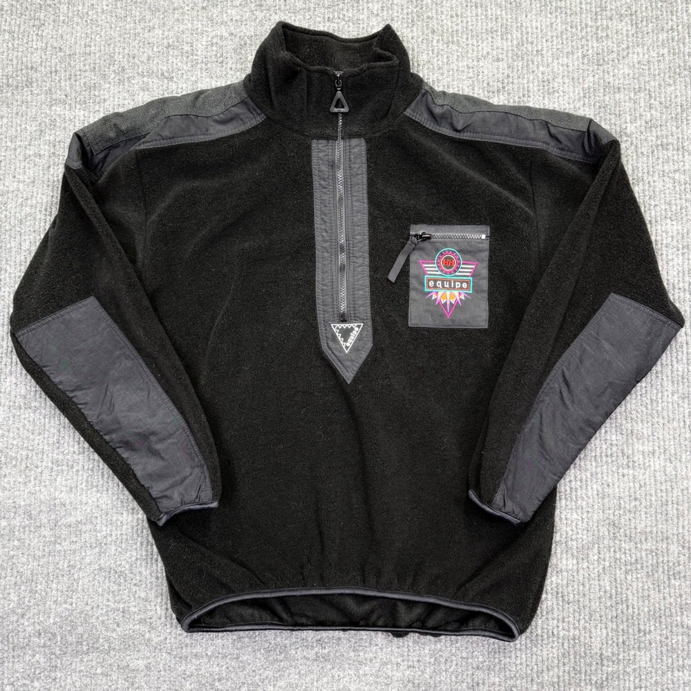 Helly Hansen Equipe Vintage 90s Black Fleece Quarter Zip Pullover Mens L USA